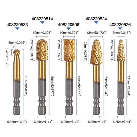 5 Piece Carbide Burr Set With One Quarter Inch Shank Die Grinder Bits For Rotary Tools Attachment Kit, front view