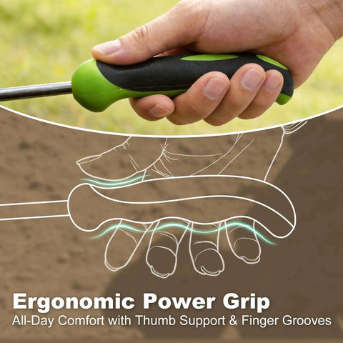 Close-up of hand holding Two-In-One Hand Weeder Tool With Dual Four-Tooth And Two-Tooth Heads, ergonomic non-slip grip visible