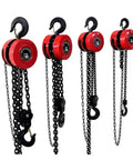 Sturdy Retractable Crane Bracket With Small Tripod Designed For Electric Hoist And Manual Chain Block Lifting Jobs Featuring 2 Ton Capacity Plus 3 Meter Fillet Support To Handle Heavy Loads Smoothly three chain blocks with hooks and chains, varying capacities, red design