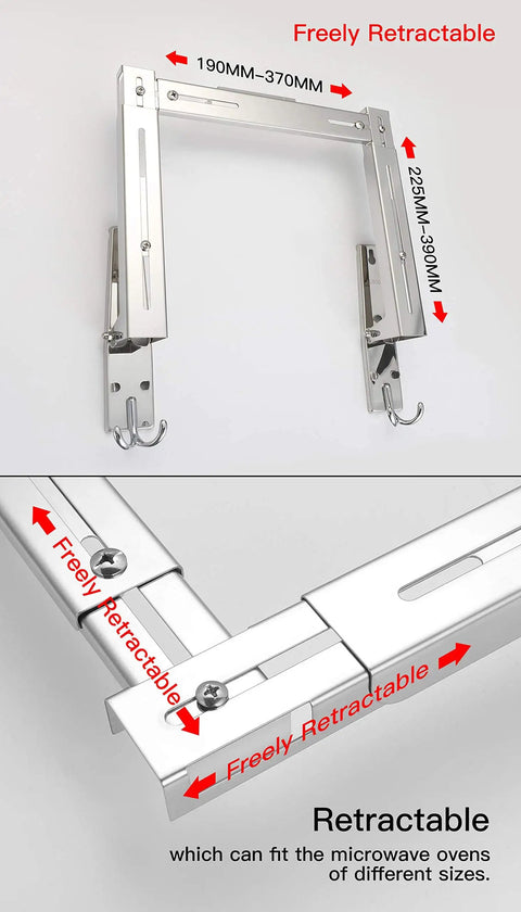 Stainless Steel Microwave Wall Mount Bracket With Telescopic Arm And Fixing Kit, showing adjustable width and rust-resistant finish.