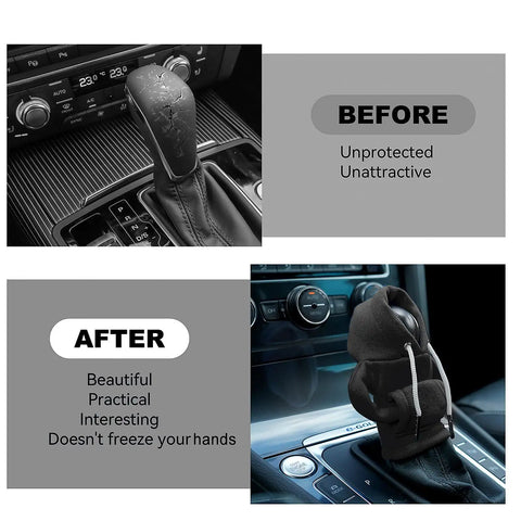 Gear Shift Hoodie For Cars, Velvet Car Shift Knob Cover installed on shifter, showing before and after protection and style
