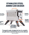 Deluxe Portable Propane Fire Pit With Removable Grill Insert showcasing stainless steel ammo can design and foldable legs.