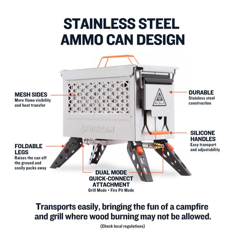 Deluxe Portable Propane Fire Pit With Removable Grill Insert showcasing stainless steel ammo can design and foldable legs.