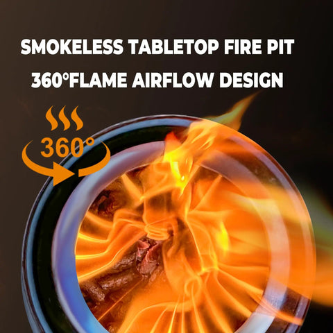 Smokeless Tabletop Fire Pit with Portable Pellet Stove showcasing 360-degree flame airflow design, vibrant flames visible.