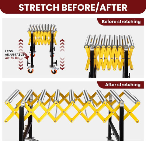 Before and after stretching view of Stainless Steel Expandable Roller Conveyor Packs Hella Tough 900 Pound Load Capacity.