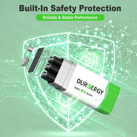 Heavy Duty 9 Volt Alkaline Batteries 8 Pack With Ten Year Shelf Life Leak Proof Design, showcasing built-in safety features.