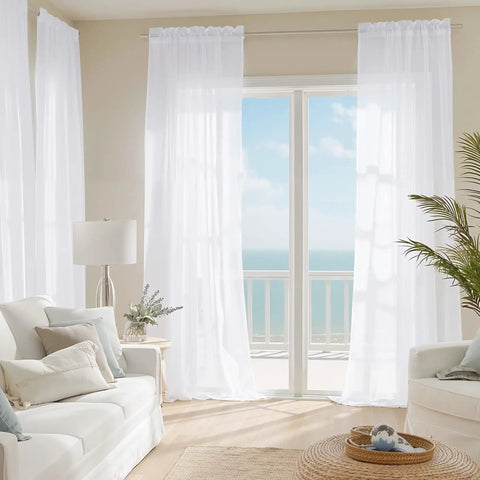 White Sheer Curtains 63 Inch Long For Bedroom And Kids Room installed, lightweight voile drapes with 2 inch rod pocket in modern living room