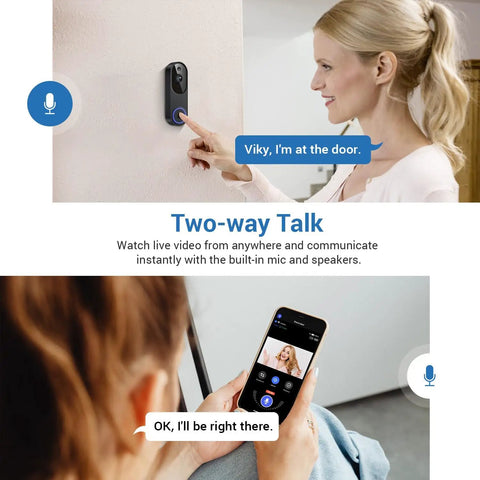 Two-way talk feature of 1080P Wireless Video Doorbell Cam With AI Human Detection, Crystal Clear Night Vision, Two Way Talk, 2.4GHz WiFi