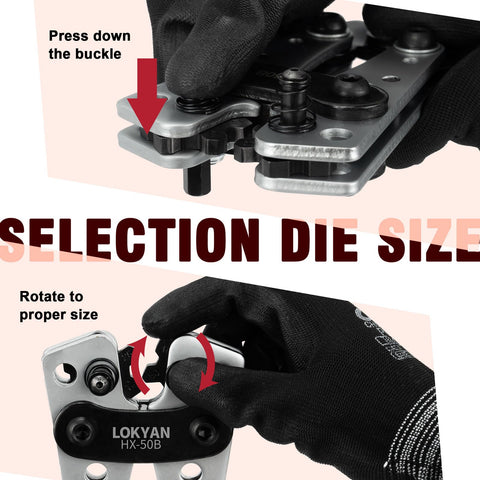 Gloved hands adjusting Beefy Battery Cable Lug Crimping Tool Kit For AWG 10 To 1/0 Heavy Duty Electrical Lug Crimper with rotatable dies.