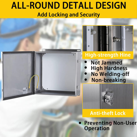 MJ-Box stainless steel electrical enclosure, 12 x 12 x 6 in, with anti-theft lock (indoor/outdoor).