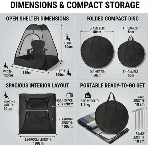 One Person Pop Up Mosquito Net Tent With Mesh Shelter, Instant No Fuss One Second Setup, dimensions and compact storage details