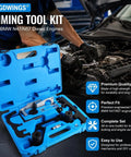 BMW Timing Tool Kit With Camshaft Locking And Crankshaft Alignment Set For N47 N47S N57 2.0L 3.0L Diesel Engines showing twelve precision pieces in a blue carrying case.