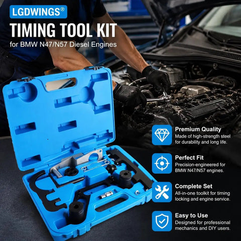 BMW Timing Tool Kit With Camshaft Locking And Crankshaft Alignment Set For N47 N47S N57 2.0L 3.0L Diesel Engines showing twelve precision pieces in a blue carrying case.
