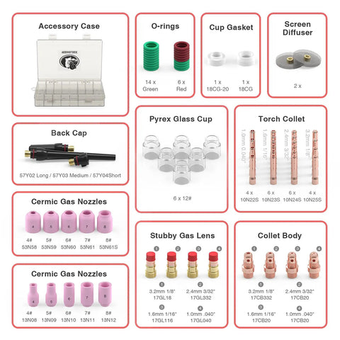 71 Piece TIG Welding Torch Stubby Gas Lens Glass Cup Kit for WP 17 18 26 showing accessories like nozzles, lenses, collets.