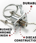 Emergency Garage Door Release Lock Kit With Universal Keyed Disconnect for Overhead Doors, brushed chrome finish, includes keys.