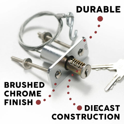 Emergency Garage Door Release Lock Kit With Universal Keyed Disconnect for Overhead Doors, brushed chrome finish, includes keys.