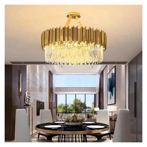 Crystal Led Pendant Lights Living Room Dining Bedroom Gold Plating Metal Hanging Lamp Indoor Lighting Lamparas Fixture,Beautiful installation in modern dining area.