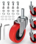 4 Pack Heavy Duty Swivel Caster Wheels 2.5 Inch Diameter For Rolling Shop Carts And Heavy Load Furniture With Heavy Hauler Ball Bearing Threaded Stem Casters parts and tools with red wheels and chrome fixtures