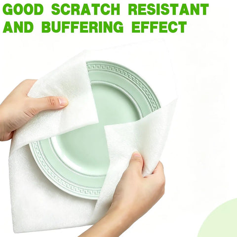 Hands wrapping a green plate with Ultra Thick Foam Sheets 110 Pack 12 By 12 Inch Flat Cushions For Moving Storage And Shipping.