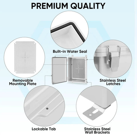 Outdoor Waterproof Electrical Box IP67 ABS Plastic Enclosure With Hinged Cover and Mounting Plate features detail view with components.