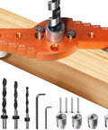 Self Centering Doweling Jig Kit With Drill Guide And Stop Collar Includes Four Drill Sleeves Six, Eight, Ten And Thirteen Millimeters And Drill Bits One Quarter, Five Sixteenths, Three Eighths, And One Half Inch For Hidden Shelf Brackets And Mantels For shown with tools on wood