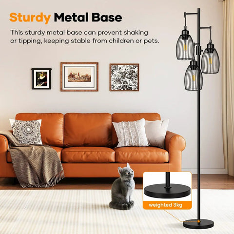Dimmable Farmhouse Industrial Floor Lamp with Teardrop Cage in living room, sturdy metal base, fits modern decor, black.