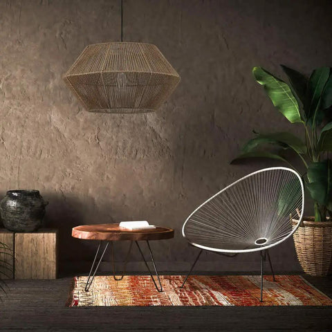 Cozy room with Malay 1-Light Pendant Light With Natural Twine Shade And Black Hanging Cord, 220 Lumen Boho Hygge Vibe Fixture