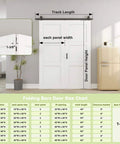 Dimensions of 52 Inch By 80 Inch Frosted Glass Bifold Barn Door Kit With 64 Inch Track, shown with size chart and track measurements.