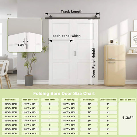 Dimensions of 52 Inch By 80 Inch Frosted Glass Bifold Barn Door Kit With 64 Inch Track, shown with size chart and track measurements.