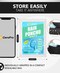 Grab And Go Clear Disposable Rain Ponchos For Adults With Hood 10 Pack Family Emergency Ponchos packaging next to phone