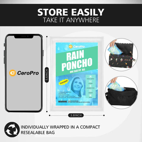 Grab And Go Clear Disposable Rain Ponchos For Adults With Hood 10 Pack Family Emergency Ponchos packaging next to phone