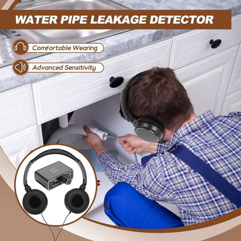Underground Water Leak Detection Kit With Headset High Sensitivity Pipe Leak Detector Dual Probe Design For DIY Home Plumbing Leak Testing And Field Strength Meter For Quick Diagnostics And Peace of Mind, man testing sink pipe