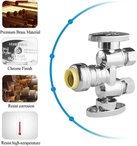 Push Fit To Dual Three Eighths Inch OD Compression Straight Stop Valve No Sweat Install With Chrome Plated Brass