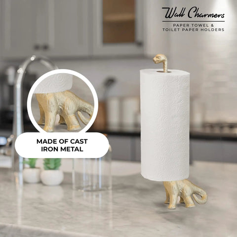 Totally Gold Dino Paper Towel Holder Stand for Kitchen and Bathroom Decor, Metal Free Standing Roll Holder on kitchen counter