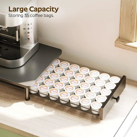 Coffee Pod Drawer Organizer For K Cup Pods, 35 Capacity Sliding Mesh Storage Basket under a coffee maker on kitchen counter