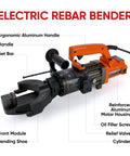 Powerful 1500W Electric Hydraulic Rebar Bender For Smooth Bending Up To 1 Inch #8 Steel Rods with ergonomic handle and motor housing.