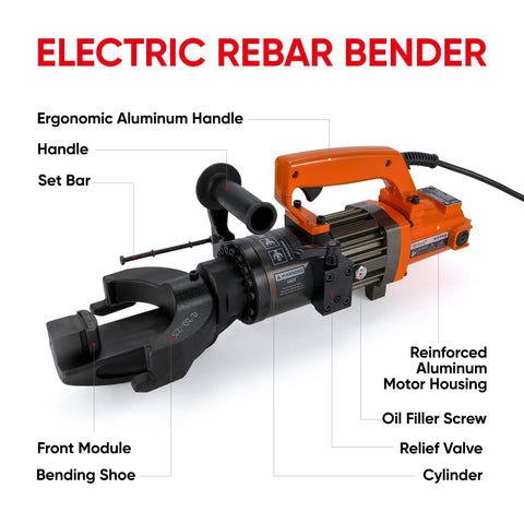 Powerful 1500W Electric Hydraulic Rebar Bender For Smooth Bending Up To 1 Inch #8 Steel Rods with ergonomic handle and motor housing.
