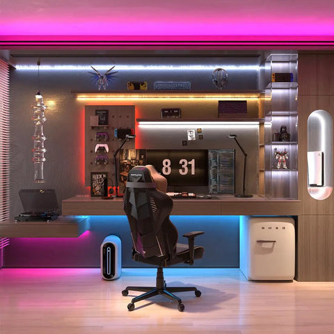 Dope RGBW COB LED Strip Light With 3000K Warm White 896 LEDs Per Meter decorates a modern gaming setup with vibrant colors
