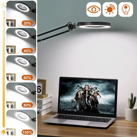 Large 5 Inch Magnifying Glass With Light And Stand For Close Work And Soldering, 12X LED Magnifier above laptop with brightness settings.