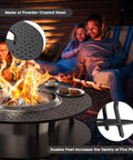 Family enjoying Must Have Fire Pit Surround Tabletop For Solo Stove Yukon Bonfire Ranger Tiki Outdoor Portable Protective Barrier with firewood storage.