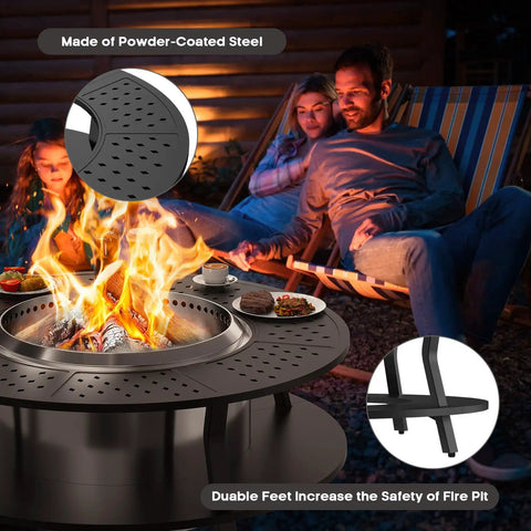 Family enjoying Must Have Fire Pit Surround Tabletop For Solo Stove Yukon Bonfire Ranger Tiki Outdoor Portable Protective Barrier with firewood storage.