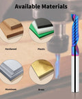 Solid carbide single-flute end mill, 1/4" shank, upcut router bit; blue spiral bit beside wood, plastic, aluminum, brass.