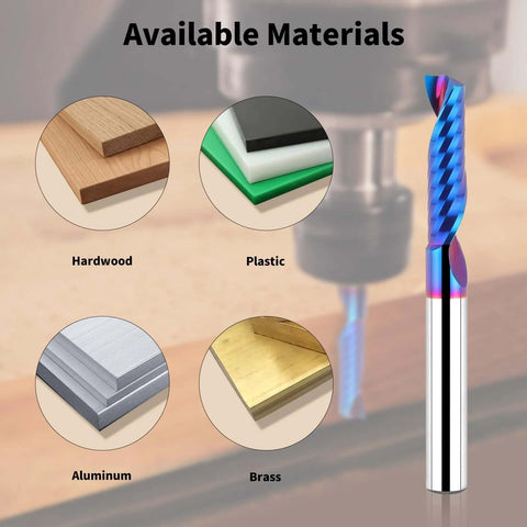 Solid carbide single-flute end mill, 1/4" shank, upcut router bit; blue spiral bit beside wood, plastic, aluminum, brass.