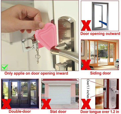Pocket Door Lock And Alarm Dual Protection For Hotels And Travel Stays Pink Portable Door Stop Self Defense Tool installed inward.