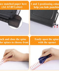 Instructions for using 10 Hole Punch Binding Machine For Planners With 10 Color Binder Rings, showing paper placement and spine usage.