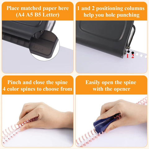 Instructions for using 10 Hole Punch Binding Machine For Planners With 10 Color Binder Rings, showing paper placement and spine usage.