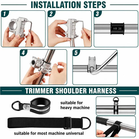 Adjustable Trimmer Support Handle Kit With Dope Grip For Easier Control Height Adjustable Clamp Extended Auxiliary Handle For Upright Trimming And Edging On B410S String Trimmers. Installation steps diagram with 26mm and 28mm alloy clamp and trimmer shoulder harness