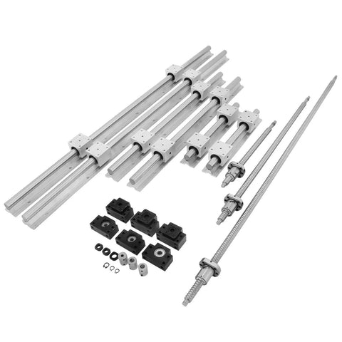 All In One CNC Linear Rail Kit With Three RM1605 Ball Screws And SBR20 Rails 300 600 1000 mm Includes BK BF12 Blocks And Six Point Three Five mm By Ten mm Couplings Optical Axis Ready For Smooth Pro Grade Motion Workhorse Performance image showing components including ball screws, rails, and blocks.
