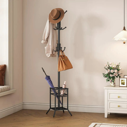 No Fuss Freestanding Coat Rack With 12 Hooks And Umbrella Holder Modern Metal Hall Tree For Entryway Living Room Bedroom Or Office