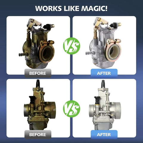 Before and after cleaning with Concentrated Ultrasonic Cleaner Solution for engine parts, carburetor shown